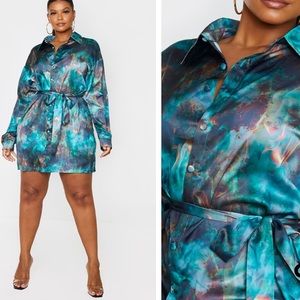 🎉CLOSET BLOWOUT🎉Plus Green Flame Tie Dye Printed Tie Waist Shirt Dress